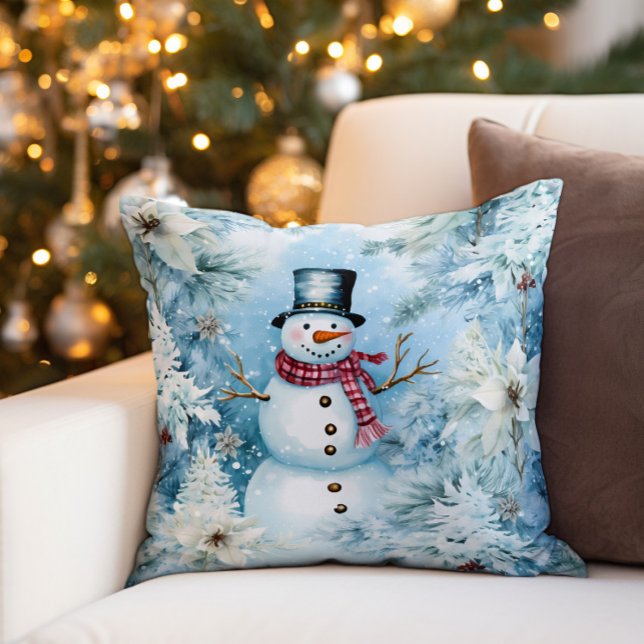 Snömannen Vinter Snö Buffalo Rutig Kudde (Decorator pillow with a cute Christmas snowman wearing a buffalo plaid scarf and black top hat.)