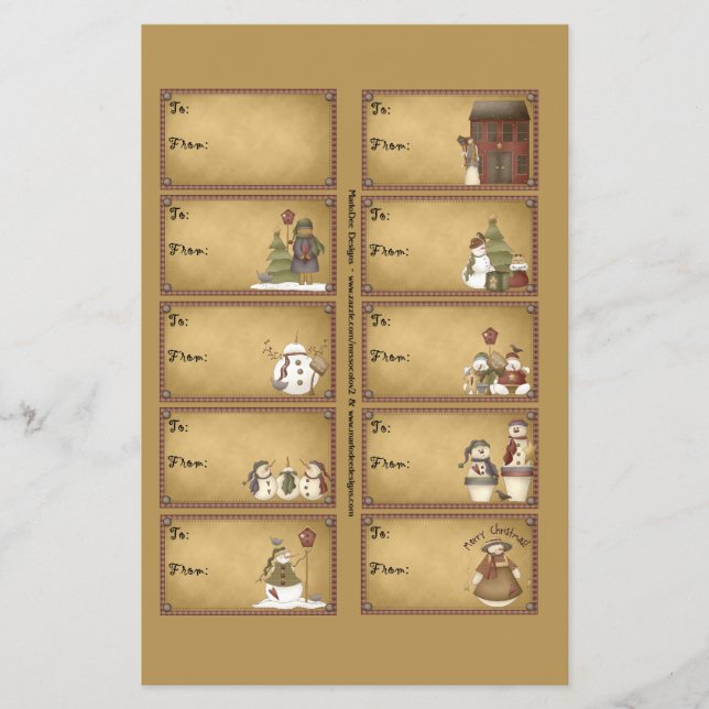 Snömannen Vinterpresenttaggar på ett ark - D2 Flygblad (Framsidan)