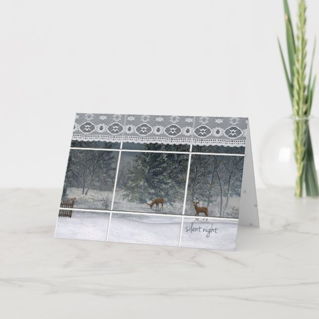 snönatten träd och hjort tittar genom fönster helgkort (Framsida)