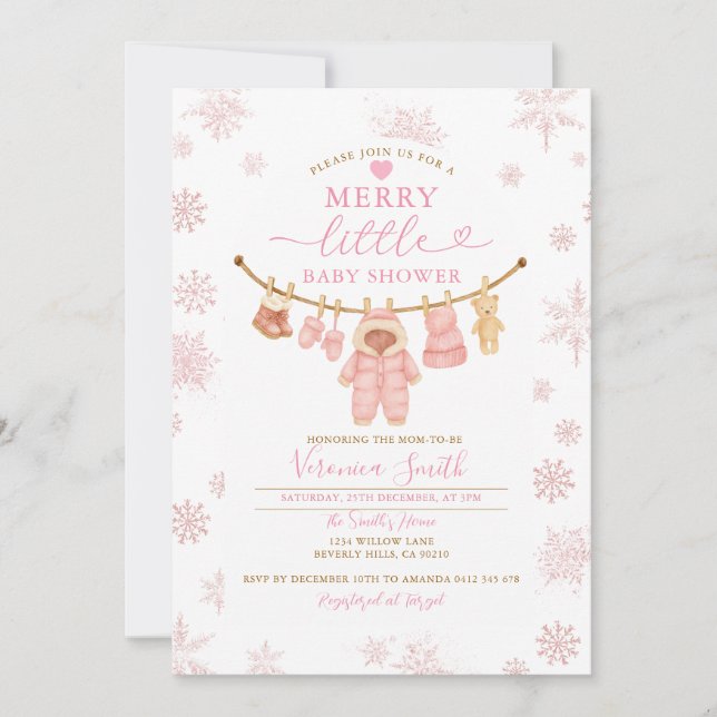 Snonwflakes Clothesline Merry Little Baby Shower Inbjudningar (Framsida)
