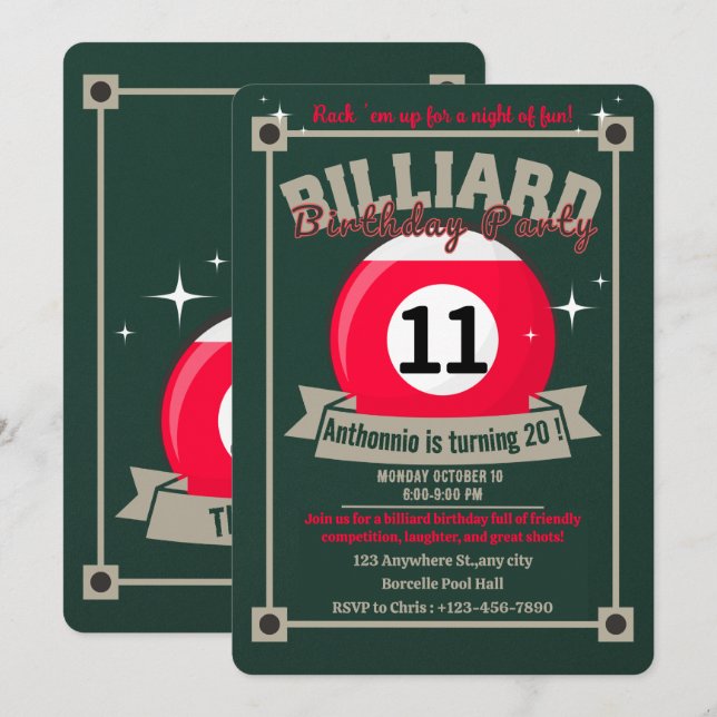 Snooker Inbjudan Bassäng Födelsedagsfest Billiards (Fram/baksida)