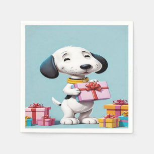 Snoopy, den söta hunden håller en presentlåda pappersservett