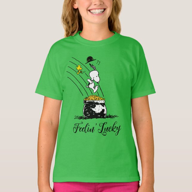 Snoopy Jumping in i Pot of Guld T Shirt (Framsida)