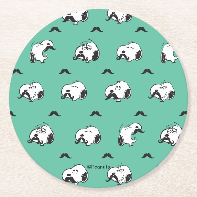 Snoopy Mustaches & Teal Pattern Underlägg Papper Rund (Framsidan)