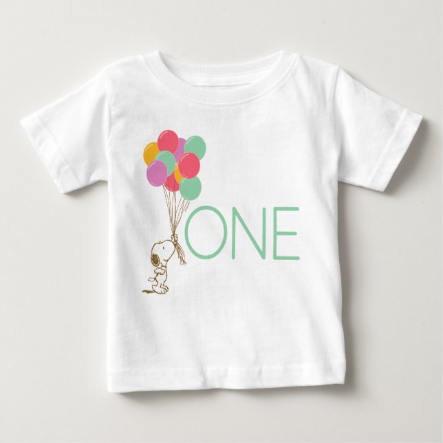 Snoopy och ballonger 1:a födelsedag Baby T-Shirt (Framsida)