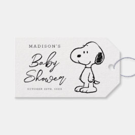 Snoopy och ballonger baby shower presentetikett