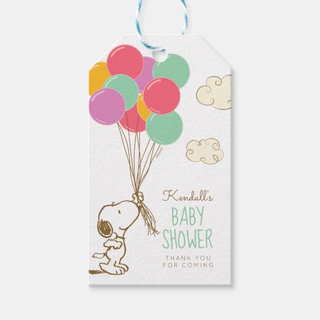 Snoopy och ballonger baby shower presentetikett (Framsidan)