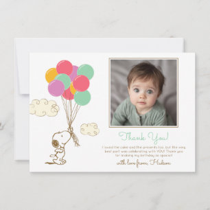 Snoopy och ballonger första födelsedag tack kort