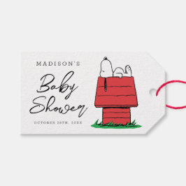 Snoopy och hundhus baby shower presentetikett