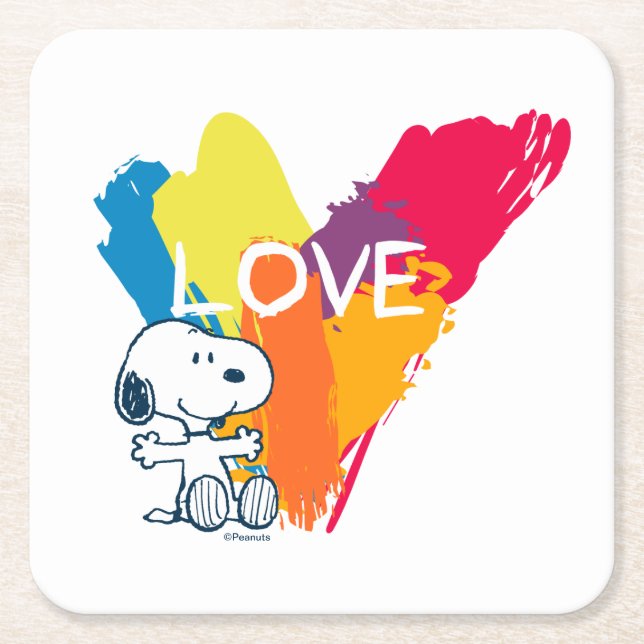Snoopy | Rainbow Kärlek Heart Underlägg Papper Kvadrat (Framsidan)