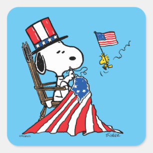Snoopy Sewing 4:e juli Flagga Fyrkantigt Klistermärke