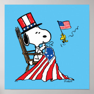 Snoopy Sewing 4:e juli Flagga Poster