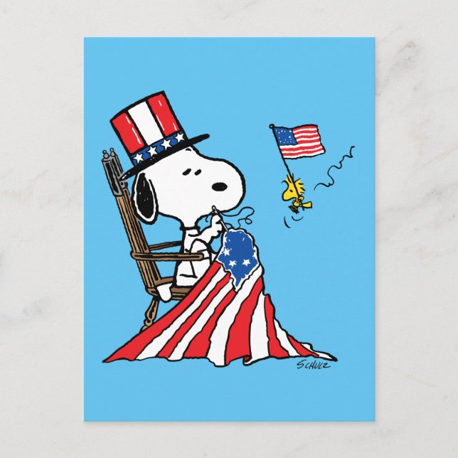 Snoopy Sewing 4:e juli Flagga Vykort (Framsida)