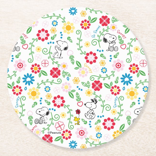 Snoopy So Sweet Flower Pattern Underlägg Papper Rund (Framsidan)