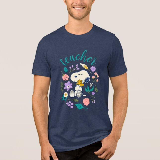 Snoopy & Woodstock Flower Hug Teacher T Shirt (Framsida)