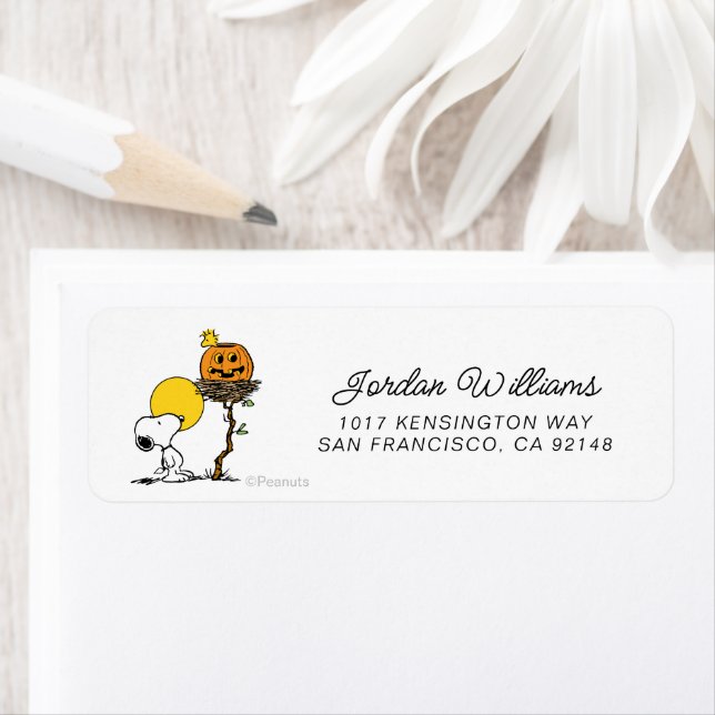 Snoopy & Woodstock Nest med Jack O'Lantern Returadress Etikett (Insitu)
