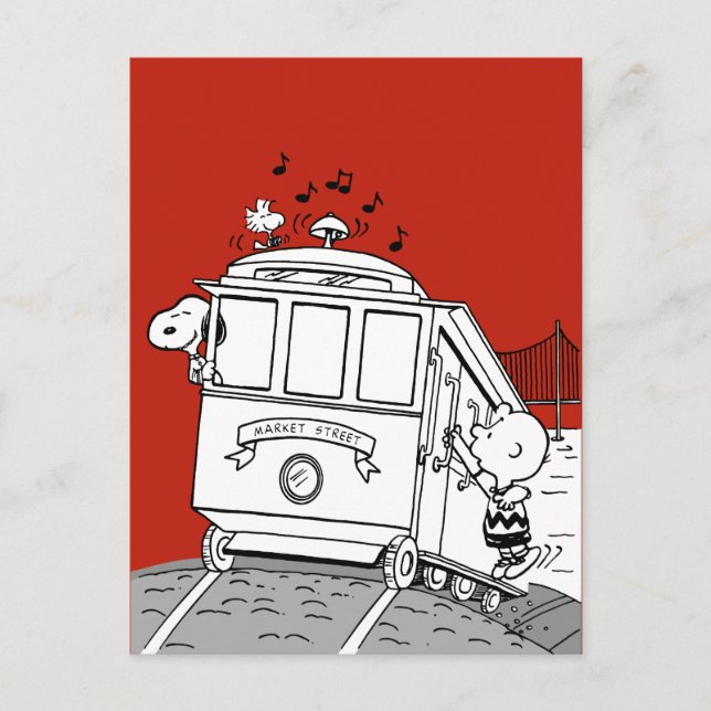 Snoopy, Woodstock och Charlie Brown på en vagn Vykort (Framsida)