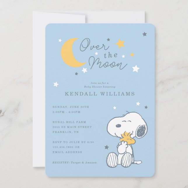 Snoopy & Woodstock | Över månen baby shower-inbjud Inbjudningar (Framsida)