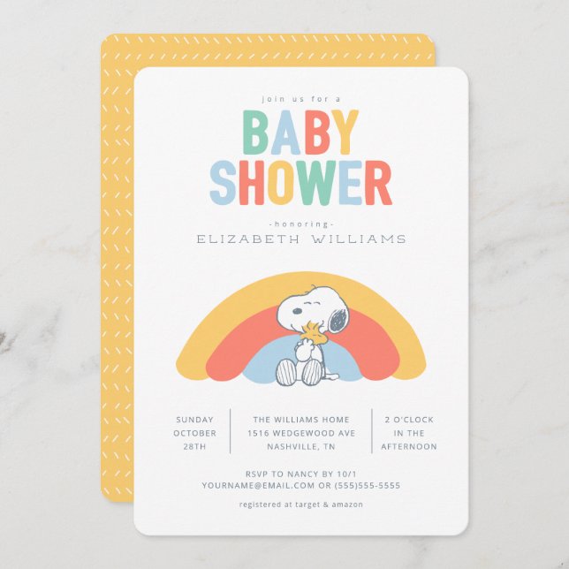 Snoopy & Woodstock Rainbow Baby Shower-inbjudan Inbjudningar (Fram/baksida)