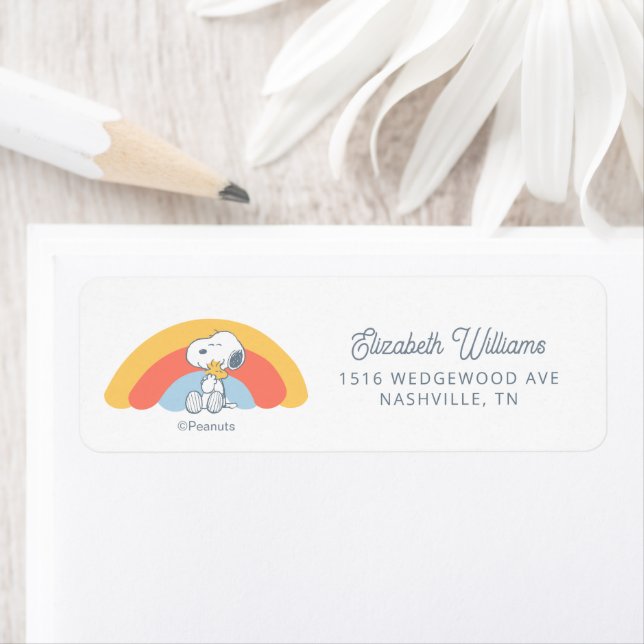 Snoopy & Woodstock Rainbow Baby Shower Label Returadress Etikett (Insitu)