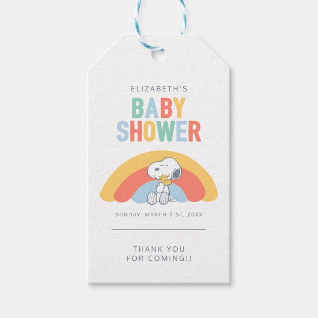 Snoopy & Woodstock Rainbow Baby Shower Tacksamhets Presentetikett (Framsidan)