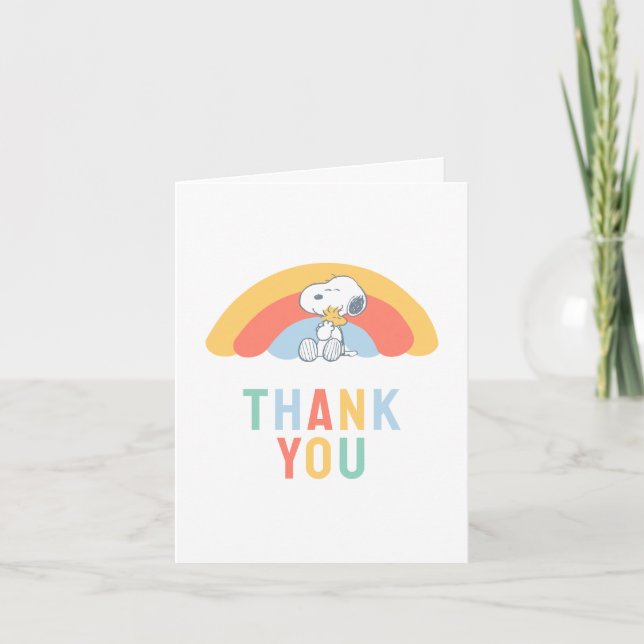 Snoopy & Woodstock Rainbow Baby Shower Thank You C Tack Kort (Framsida)