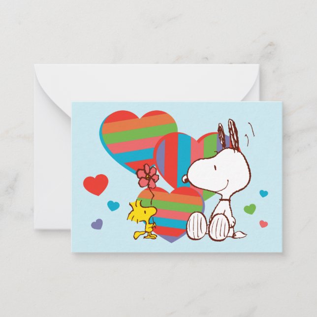 Snoopy & Woodstock Rainbow Heart Valentine Anteckningskort (Framsida)