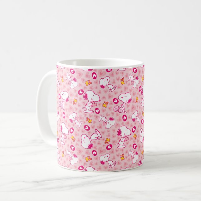 Snoopy & Woodstock Rosa Hearts Mönster Kaffemugg (Framsida vänster)
