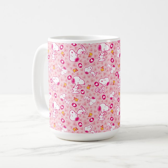 Snoopy & Woodstock Rosa Hearts Mönster Kaffemugg (Framsida vänster)