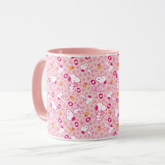 Snoopy & Woodstock Rosa Hearts Mönster Mugg (Framsida vänster)