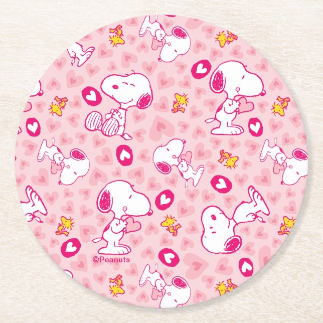 Snoopy & Woodstock Rosa Hearts Mönster Underlägg Papper Rund (Framsidan)