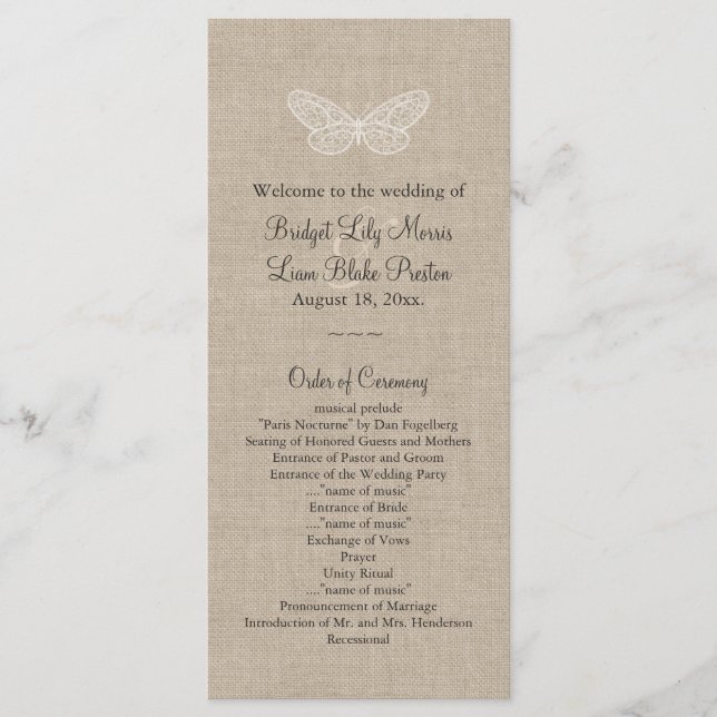 Snöre Butterflies-Bröllopsprogrammet på Burlap 2 Program (Framsida)