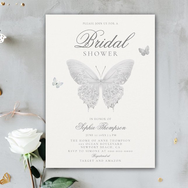 Snöre Butterfly Elegant Boho White Möhippa Inbjudningar (lace butterflies boho bridal shower invitation elegant feminine romantic chic white calligraphy)
