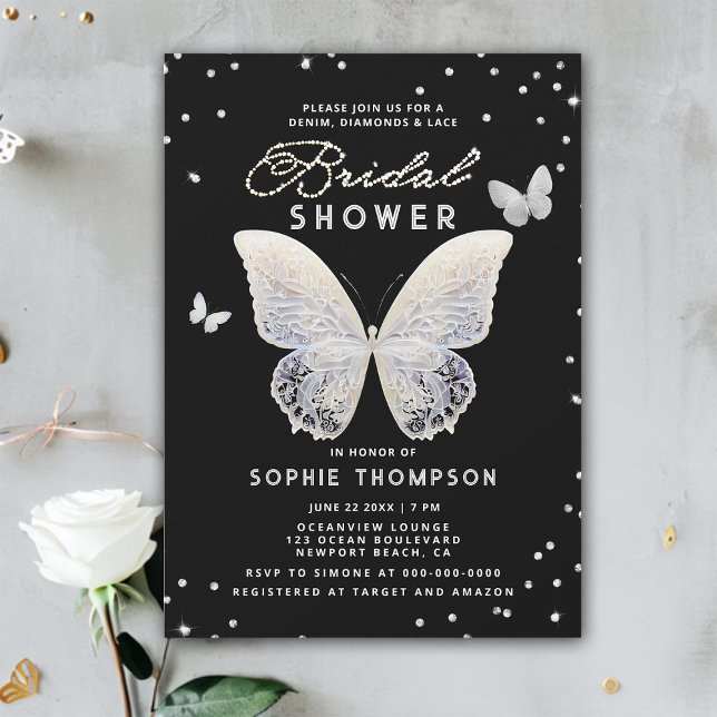 Snöre Butterfly Rhinestones Elegant Möhippa Inbjudningar (lace bridal shower invitation white butterflies elegant boho romantic classy rhinestones modern chic)