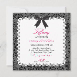 Snöre & Damask med Black Bow Sweet 16 födelsedagar Inbjudningar