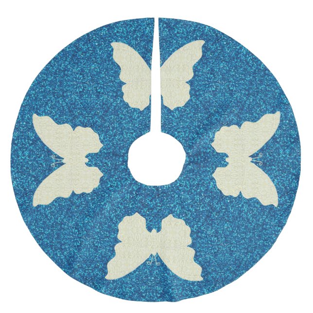 Snöre-fjäril på blå Glitter-Träd-skirt Julgransmatta Borstad Polyester (Framsidan)