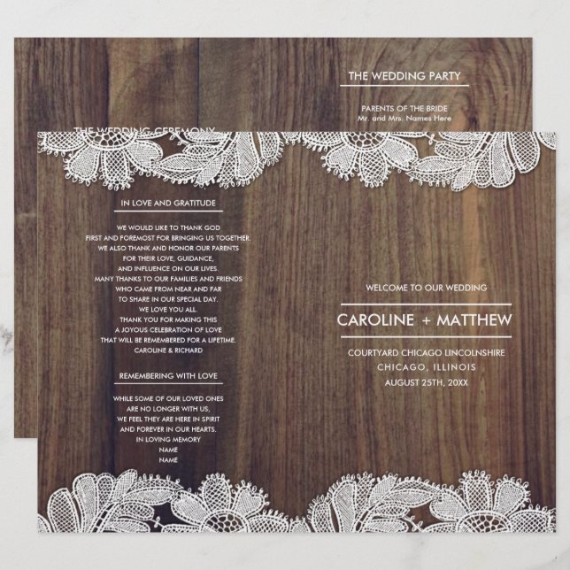 Snöre Flowers | Barn Wood Foled Bröllopsprograms (Fram/baksida)