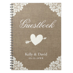 Snöre för vit för Burlap för bröllopGuestbook Anteckningsbok Med Spiral