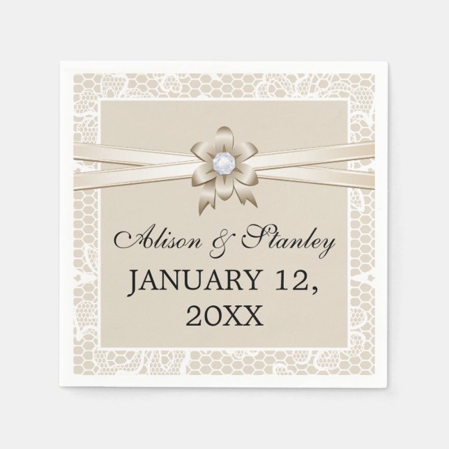 Snöre gräns med beige band och blomman bröllop pappersservett (Framsidan)