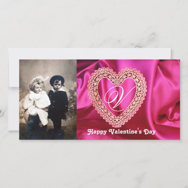 SNÖRE HEART MONOGRAM SILKE FUCHSIA TRASA, Rosa Red Julkort (Framsida)