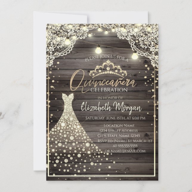 Snöre,Ljus,Diamanter Tiara Dress Wood Quinceañera Inbjudningar (Framsida)
