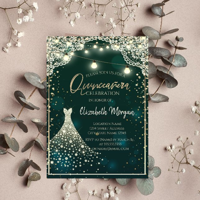 Snöre,Ljus,Wood Diamonds Dress Grönt Quinceañera Inbjudningar (Skapare uppladdad)
