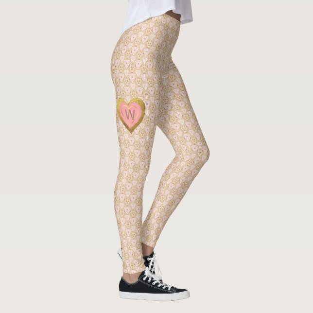 Snöre-look Mönster med Rosa & Guld Heart Monogram Leggings (Höger)