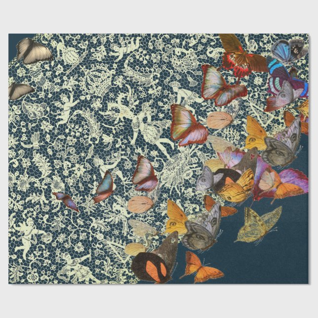 SNÖRE MÖNSTER I BLUE MED BUTTERFLIES GIFT WRAP PRESENTPAPPER (Platt)