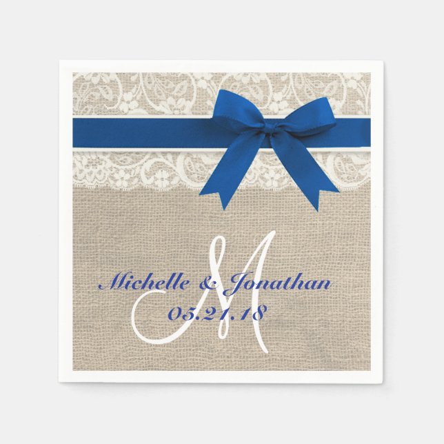 Snöre och Burlap Rustic Bröllop Napkin Royal Blue Pappersservett (Framsidan)