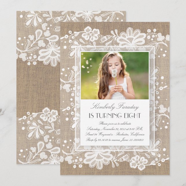 Snöre och Burlap Vintage Elegant  Fotofödelsedag Inbjudningar (Fram/baksida)