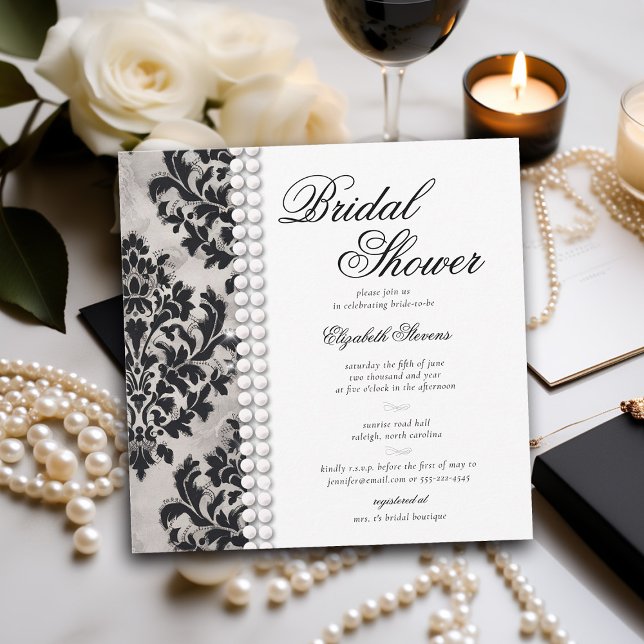 Snöre Pearl Damask Black White Forme Möhippa Inbjudningar (lace and pearls bridal shower invitation black and white damask elegant formal modern classic)