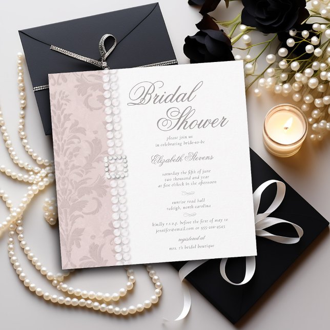 Snöre Pearls Damask Rosa Chic Elegant Möhippa för  Inbjudningar (lace and pearls bridal shower invitation pink blush white black elegant formal modern classic)