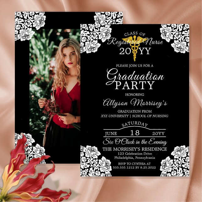 Snöre Photo Nursing School | Medicinsk Studenten Inbjudningar (Elegant Lace-Cornered One  Photo Nursing School Medical Graduation Announcement  | Party Invitation)