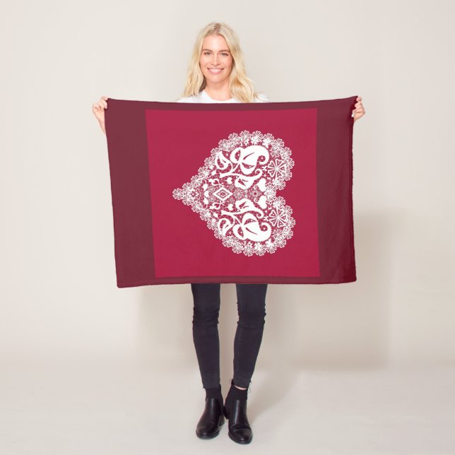 Snöre Red löv blommigt lacy Valentines day r Fleecefilt (På plats)